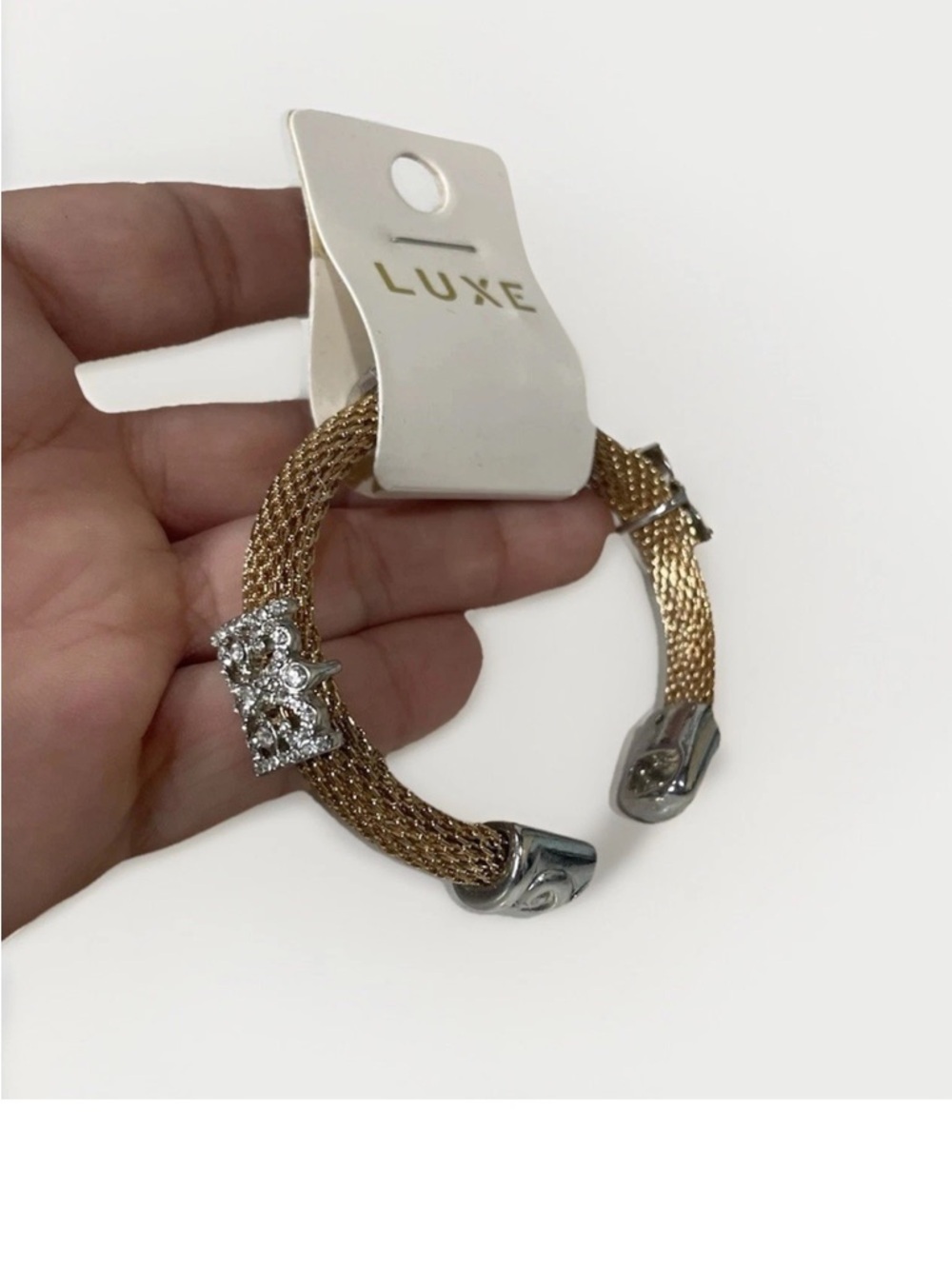 Luxe Two-Tone Gold Mesh Bracelet with Crystal Cluster